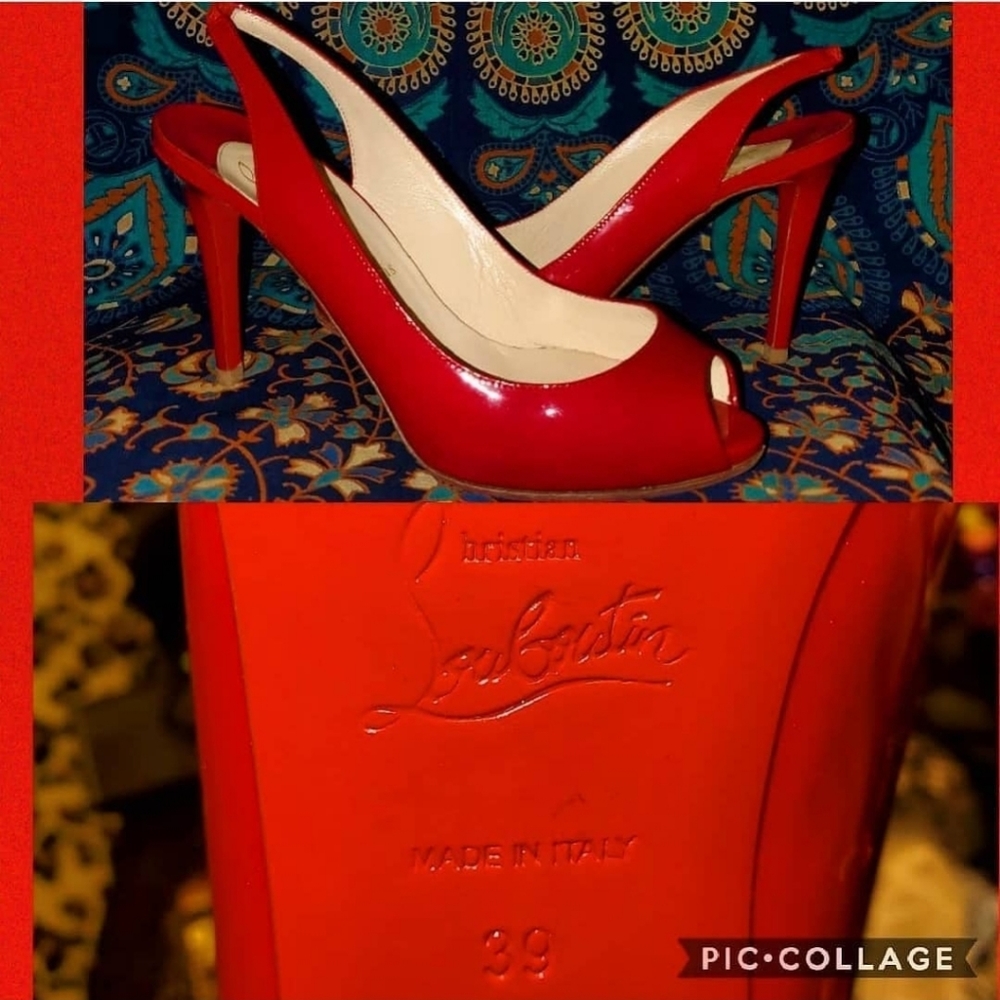 Christian Louboutin Red Patent Leather Flo Peep Toe Slingbacks